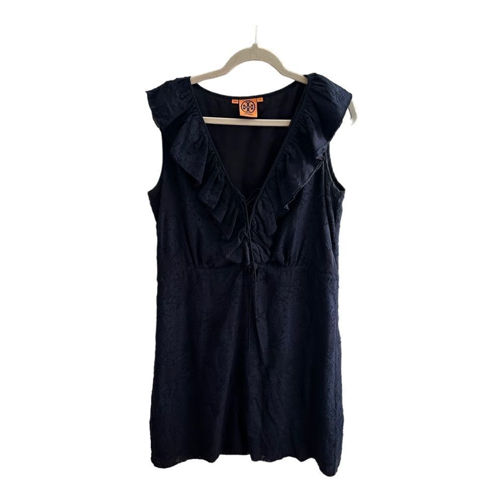 Tory Burch Lallie Silk Floral Sleeveless Ruffle Dress Navy Blue Size 12